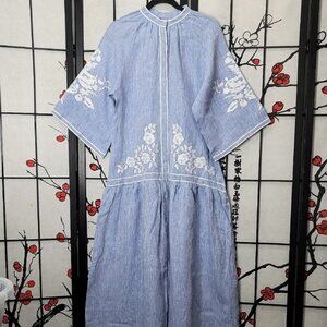 De Castro Swan Dress in Light Denim Linen with White Floral Embroidery